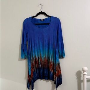 Women's Blue and Orange Tie-Dye Top
